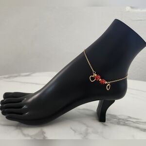 Gold Heart Shape Charm Stainless Steel Anklet Bracelet with Red Beads